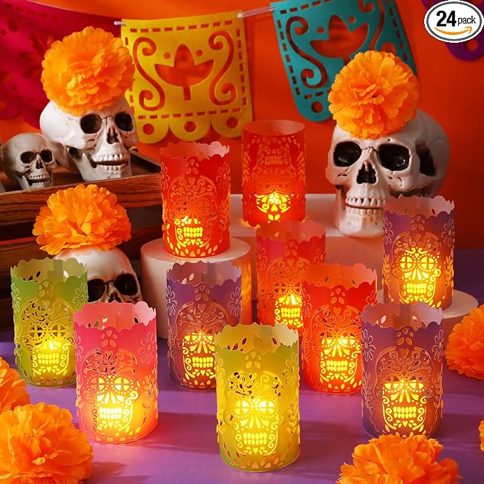 Tuanse 24 Pcs Day of The Dead Candle Holders Dia De Los Muertos, Skull - skull candle