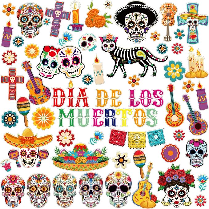 Tellingyou 89pcs Day of The Dead Stickers, Sugar Skull Window Clings Decor - skull sticker