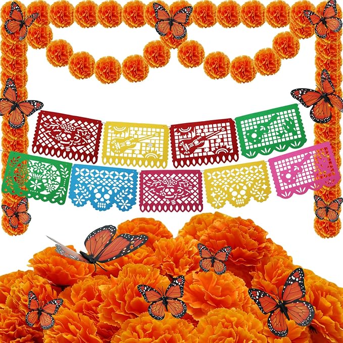 71 Pcs Day of The Dead Decorations Set,Include 50 Marigold Flowers with Stem,9Pcs Mexican Banners,12Pcs Butterfly for Dia De Los Muertos Indian Diwali Altar Décor (Orange) - skull carpet