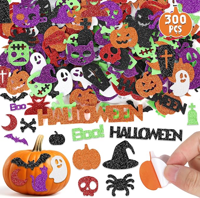 300 Pcs Halloween Stickers, Glitter Foam Stickers DIY Crafts Party Favors - skull sticker