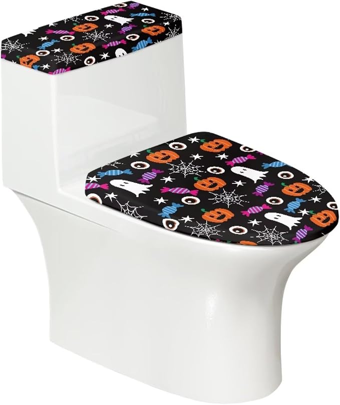 Ghost Toilet Lid Covers and Tank Cover Set 2 Pcs Pumpkin Toilet Lid Covers for Bathroom Elongated Universal Toilet Tank Cover Replacement with Elastic Edge Halloween Decor - skull toilet paper