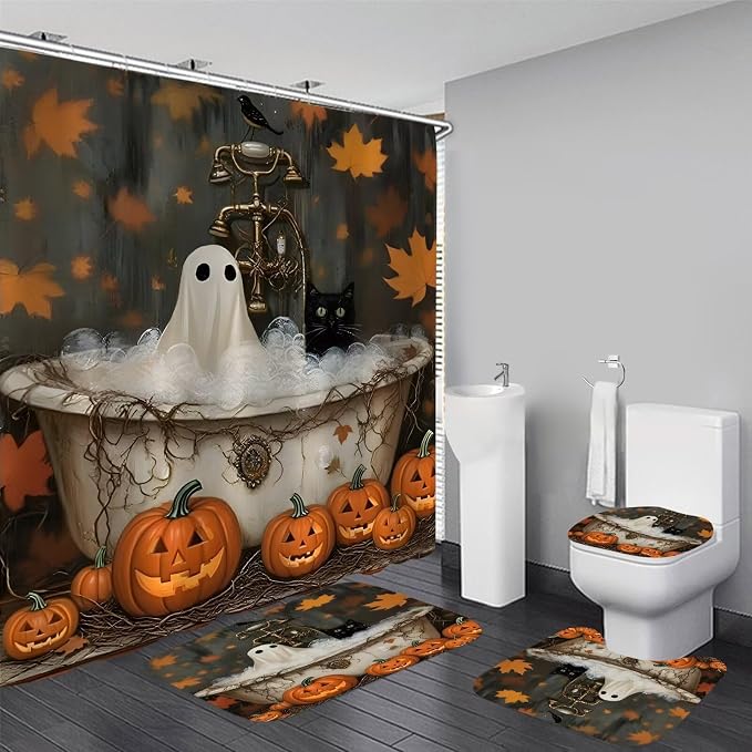 Nkzply 4 Pcs Halloween Shower Curtain Ghost Shower Curtain Set Scary Pumpkin Bathroom Sets with Shower Curtain and Rugs Spooky Black Cat Bird Vintage Bathtub Bathroom Decor Toilet Lid Cover Hooks - skull toilet mat