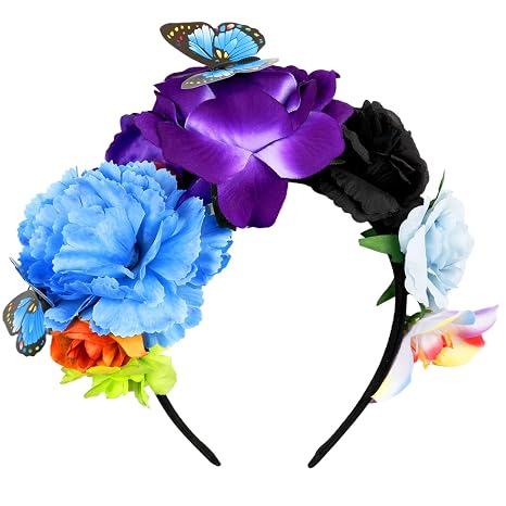 Flower Crown Day of the Dead Headpiece Mexican Flowers Butterfly Crown Flower Crowns Halloween Headbands for Halloween Party - skull headband