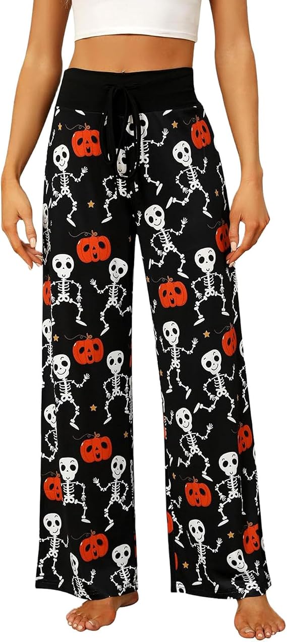 Women Halloween Pajamas Pants Cute Pumpkin Print Wide Leg Drawstring Palazzo Lounge Pants Party Sleepwear - skull pajamas