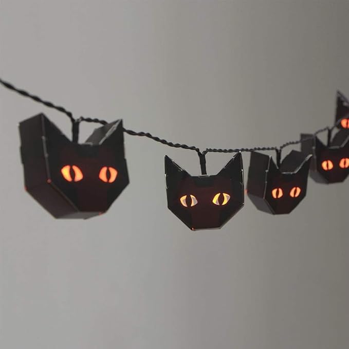 TWINKVILLA Halloween Lights String, Black Cat Light Battery Operated, 15 Orange Led with Black Paper Cat Lantern for Halloween Party Bedroom Mantle Fireplace Decoration - string light