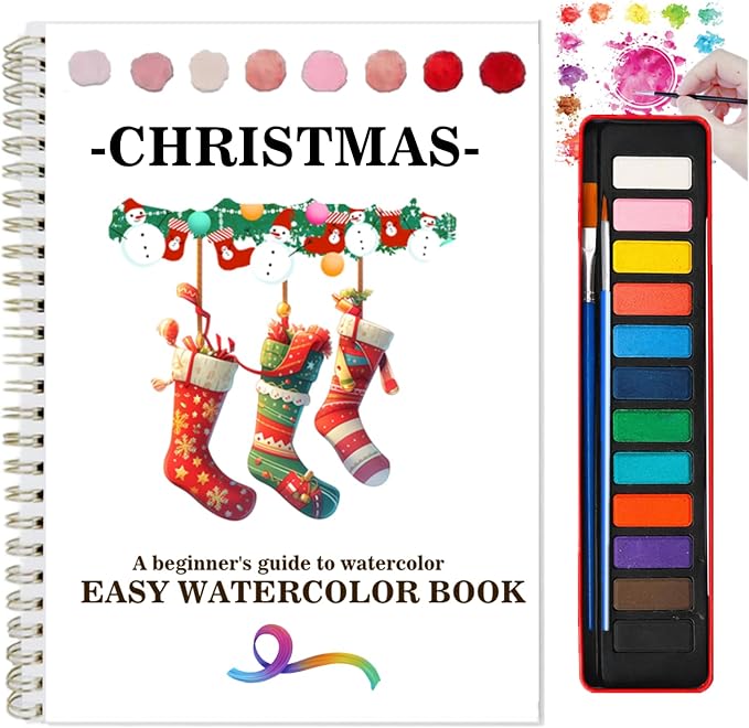 Watercolor Workbooks Coloring Book Beginner Friendly Painting Kit Easy Nature Scenes Paint Set Art Crafts for Creative Exploration Gift for Adults (Christmas, with Palette) - skull painting