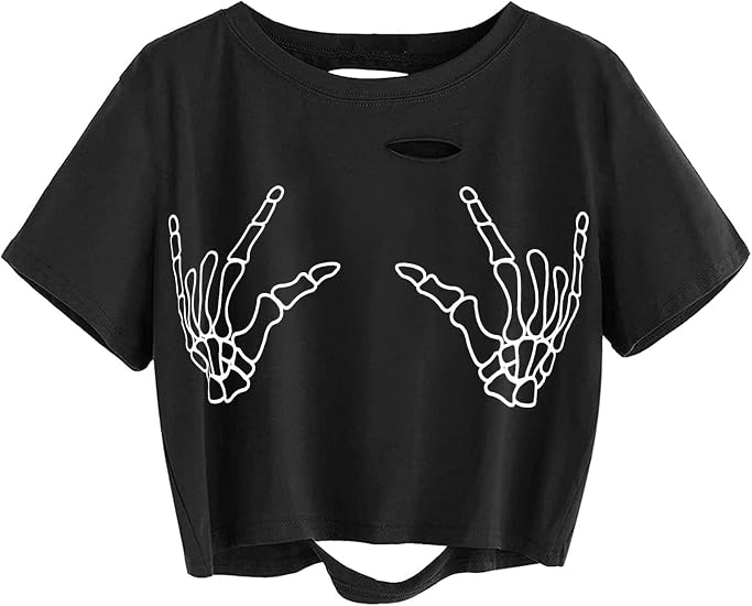 Avanova Women Skull Finger Graphic Distressed Tee Shirt Ripped Short Sleeve Crop Tops - skull tshirt