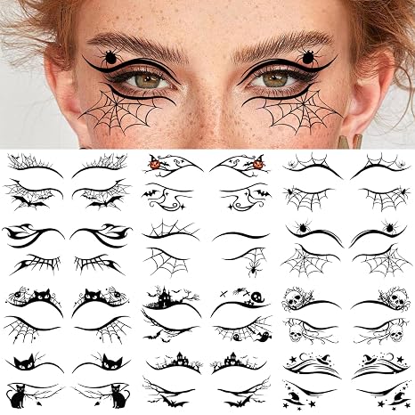24 Pairs Halloween Eye Shadow Stickers Face Makeup Patches, Eyeliner Decals Spider Web Cat Skull Bat Temporary Tattoo for Women Men Girls Fake Tattoos Halloween Masquerade Party Supplies - sugar skull makeup