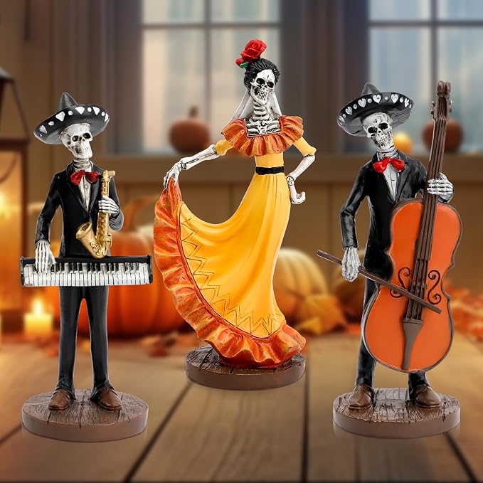 Day of The Dead Figurines, Skeletons Statue Mariachi Band Set of 3 - skull figurine