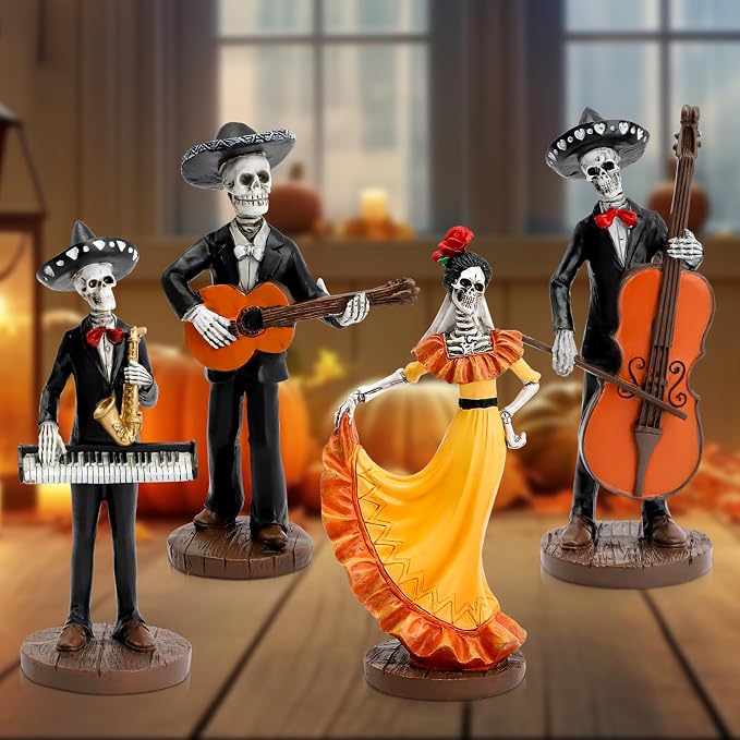 Day of The Dead Figurines, Skeletons Statue Mariachi Band Set of 4 - skull figurine