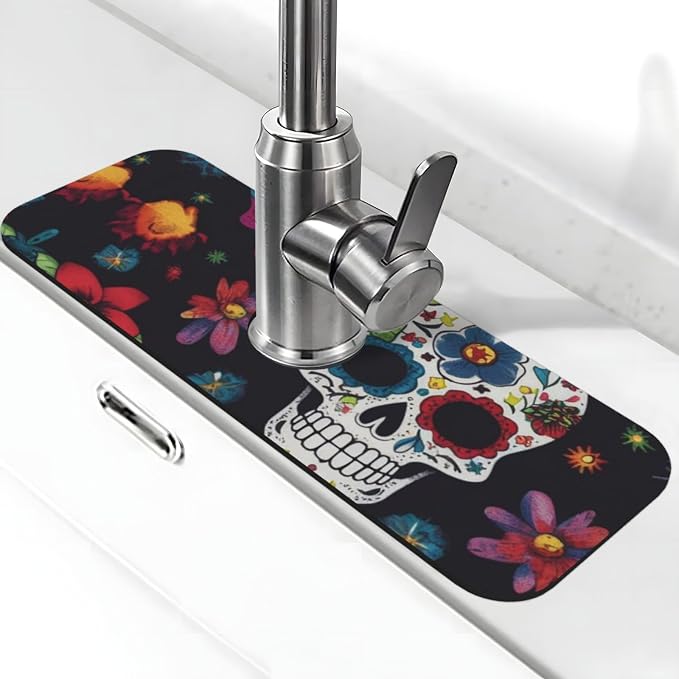 Kitchen Sink Splash Guard Faucet Mat 15" X 5.5" Super Absorbent Fast Dish Drying Mat Flower Cactus Sugar Skull Faucet Draining Mat Splash Guard Behind Faucet Drip Catcher for Bathroom - skull toilet mat
