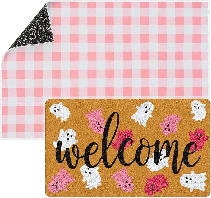 Tinideya 2 Pcs Pink Halloween Layered Doormat Set 23x35'', Non Slip - skull toilet mat