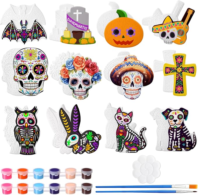 Perthlin 12 Pcs Halloween Ceramics to Paint DIY Crafts, Day of the Dead - skull figurine