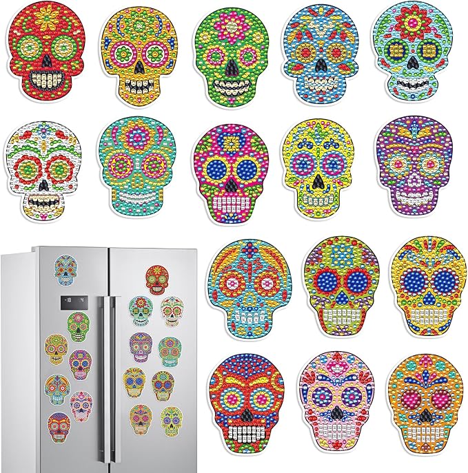 Sugar Skull Diamond Art Magnets - 16 Pcs Diamond Art Magnet Kits for Adult, Day of The Dead Theme Refrigerator Stickers Gem Painting Kit - skull sticker