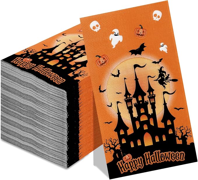 Halloween Guest Napkins Paper, 100 Pcs Halloween Disposable Hand Towels, Decorative Paper Hand Towels 2-Ply with Pumpkin Ghost Bats Castle for Halloweens Holiday Dinner Party Kitchen Bathroom Supplies - skull toilet paper