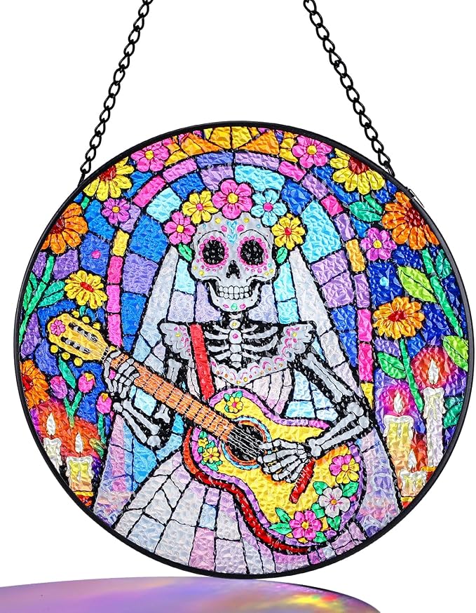 Sugar Skull Mexican Party Decorations - 8in Skull Bride Stained Glass Window Hanging Sunshine Catcher - sugar skull ornament