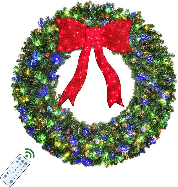 HOYECHI 48in Pre-Lit Christmas Wreath with Bow – 270 Colorful LED Lights, 700 PVC Tips, Timer, Remote, Large Outdoor Holiday Decor for Front Door, Wall, Garage, Power Plug-in - skull wreath