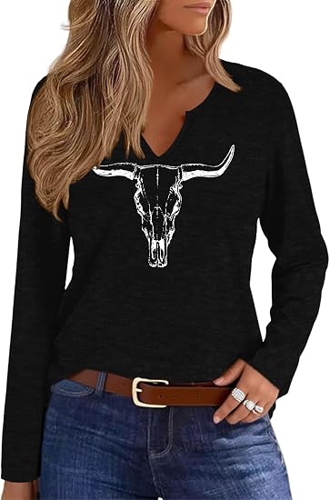 Chulianyouhuo Womens V-Neck Long Sleeve T-Shirt Cute Graphic Tees - skull leggings