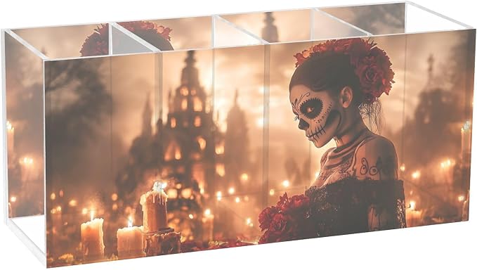 Sugar Skull Candle Acrylic Pen Holder with 4 Compartments – Fashion Acrylic Pencil Holder Makeup Brush Holders for Office Home - skull candle