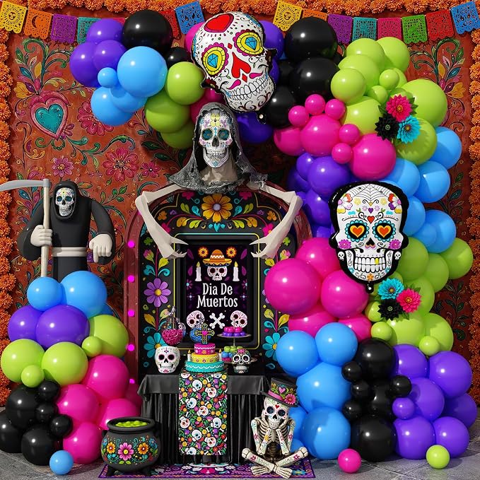 Day of the Dead Balloon Arch Kit Dia De Los Muertos Decorations Colorful Balloons Garland Sugar Skull Foil Balloons for Halloween Trunk or Treat Altar Mexican Fiesta Festival Party Decorations - skull inflatable