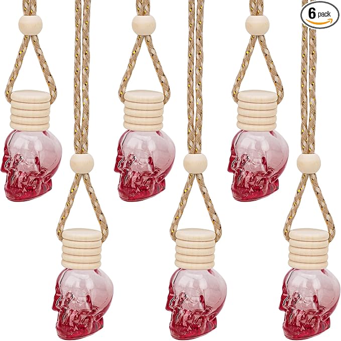 Skull Car Air Freshener, Hanging Refillable Diffuser Bottles for Essential Oils, Perfume Pendant for Auto Interior Decor & Aromatherapy (6Pcs Red)