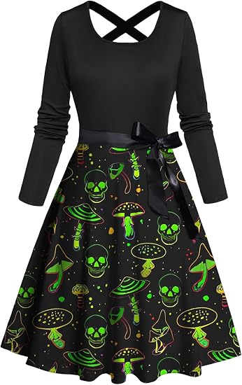 DRESSFO Women’s Long Sleeve A-Line Dress – Printed Bowknot Cross Midi Dress with Celestial, Gothic, or Holiday Patterns - sugar skull dress