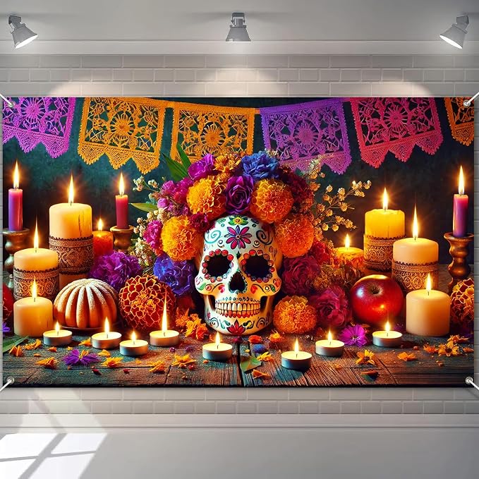 Day of the Dead Backdrop Floral Sugar Skull Banner 71 x 43 Inch - skull carpet