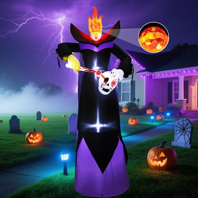 12FT Scary Halloween Inflatables Headless Killer Outdoor Decorations Grim Reaper Holding Skull Dig Out Eyeballs with Flame Light Giant Ghost Blow Up Yard Decoration for Party Garden Lawn Decor - skull inflatable