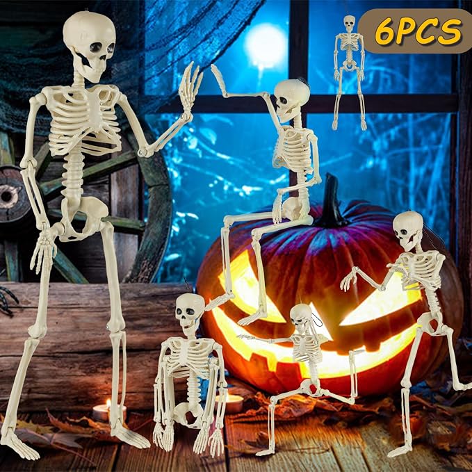 6 Packs Skeleton Halloween Decorations Outdoor with 16″ Full Body Posable Joints Skeletons Decor, Halloween Party Decor Indoor, Yard Garden Lawn Graveyard Haunted House Props Spooky Party Decorations