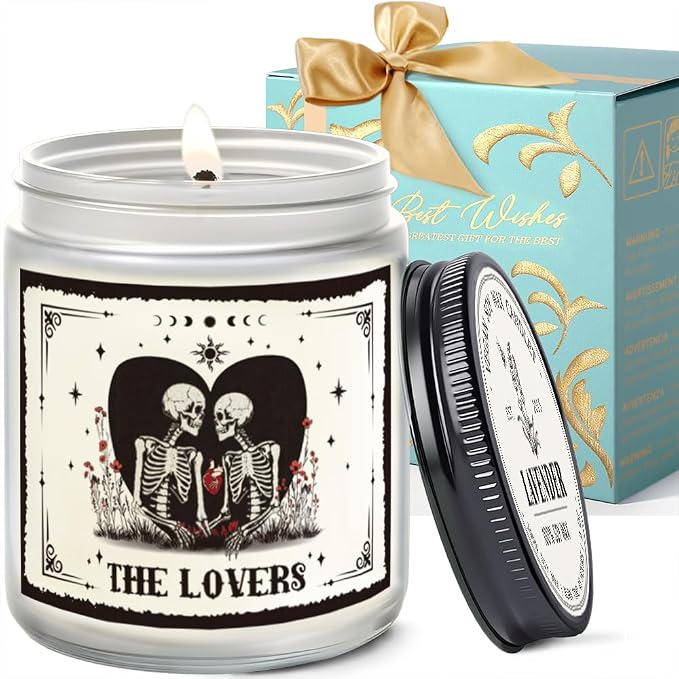 Spooky Candle The Lover Valentine Gifts for Men Women, Valentines Skeleton Gifts for Women & Men, Tarot Skull Candle, Gothic Couple Scented Lavender Candles 9OZ - skull candle