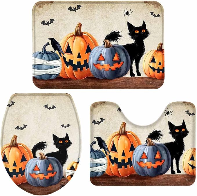 Halloween Bathroom Rugs and Mats Sets 3 Piece Grimace Pumpkin Black Cat Bath Sets Non Slip Bath Rug Set with U Shape Rug Bats Wood Contour Toilet Rugs for Bathroom Floor Holiday Decor Small Size