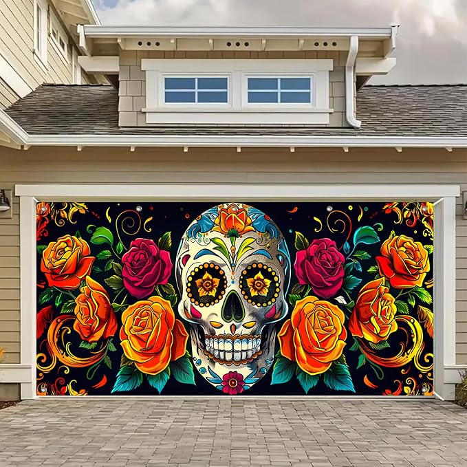 HOMETITUTE Day of the Dead Rose Skull Garage Door Cover 13x6 ft - skull floor mat