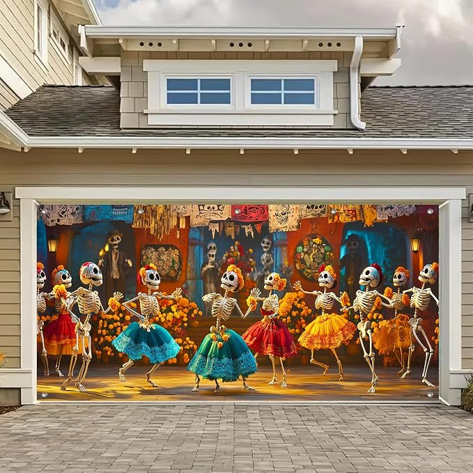 HOMETITUTE Day of the Dead Group Garage Door Cover 13x6 ft - skull carpet