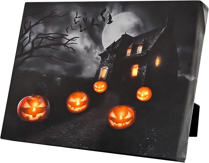 LED Canvas Art with Timer, 8×6 Halloween Pumpkin Wall & Tabletop Decor