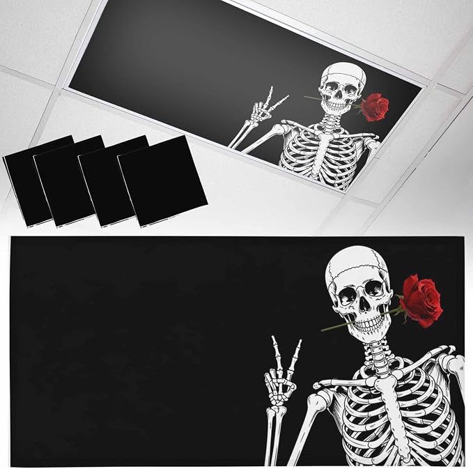 Halloween Fluorescent Light Covers for Ceiling Lights Rose Skull Magnetic Light Filters 4 Pack 4×2 ft Black Funny Skeleton Ceiling Lights Cover for Classroom Office School Home Drop Lamp Decor