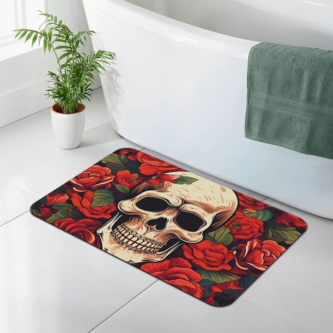 Sugar Skull Rose Bathroom Mat Super Absorbent Diatomaceous Earth Bath Mat Non-Slip Door Mat Quick Drying Bath Floor Mat for Shower Bathtub Kitchen Bathroom Rugs 23.6" X 15.7" - skull toilet rug