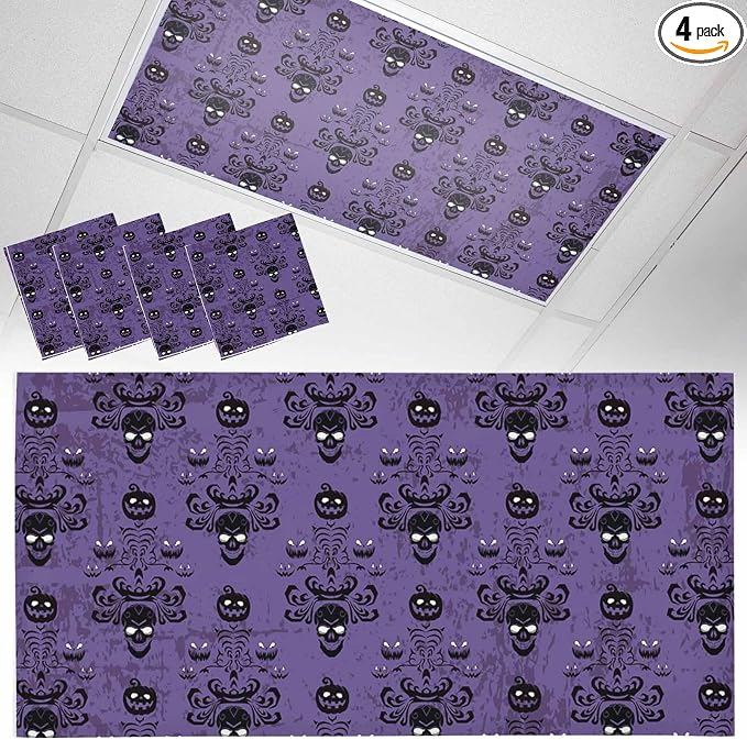 Halloween Fluorescent Light Covers for Ceiling Lights Ghost Pumpkin Skull Magnetic Light Filters 4 Pack 4×2 ft Purple Ceiling Lights Cover for Classroom Office School Home Drop Lamp Decor