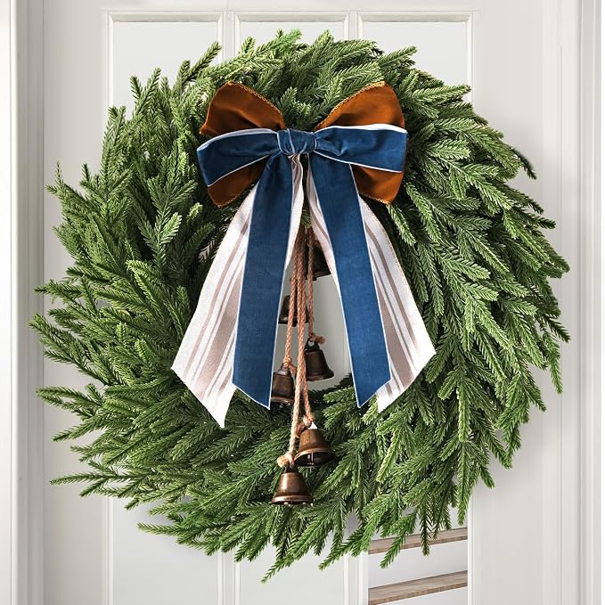 Christmas Decor, 22" Norfolk Pine Christmas Wreath with Bells and Ribbon - skull wreath