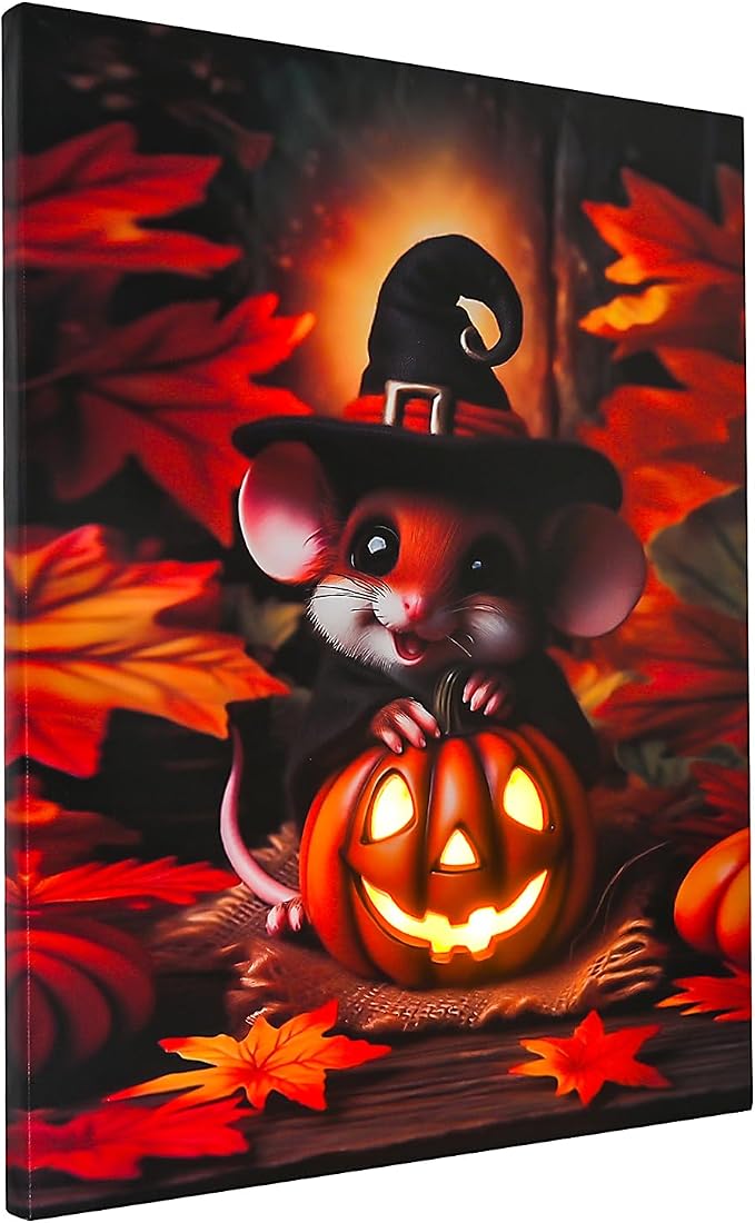DEMAGNNIE Seasonal Lighted Canvas Wall Art, 17″x14″ Halloween Mouse Pumpkin