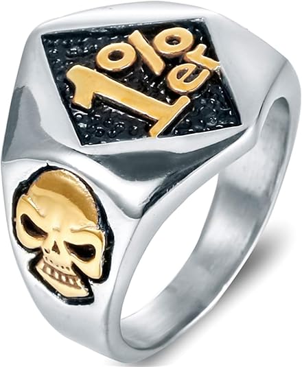 Biker Ring 1% er Outlaw, Lucky 7 & Lucky 13 Titanium Steel Diamond-Shaped Face with Skull Side, Gothic Punk Rebel Bikerring Jewelry - skull ring
