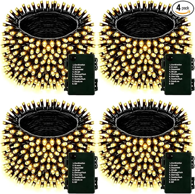 4Pack 160FT 400 LED Battery Operated Christmas String Lights Outdoor/Indoor, Timer & 8 Modes with Green Wire Christmas Tree Lights, Waterproof Fairy Lights for Xmas Tree Garden(Warm White) - string light