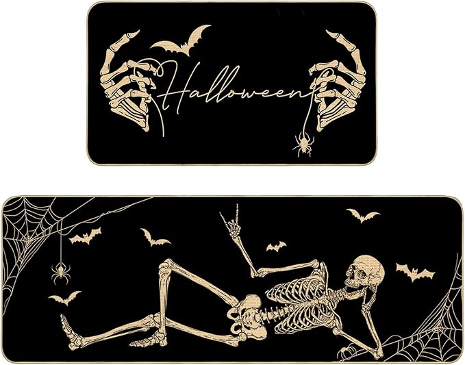 Halloween Kitchen Mats Set Of 2 Black Spooky Skeleton Spider Skull Kitchen Rug for Halloween Kitchen Rug Black Gothic Home Decor Non-Slip Washable Rug Kitchen Mat Doormat, 17 X 29 and 17 X 47 Inch - skull floor mat