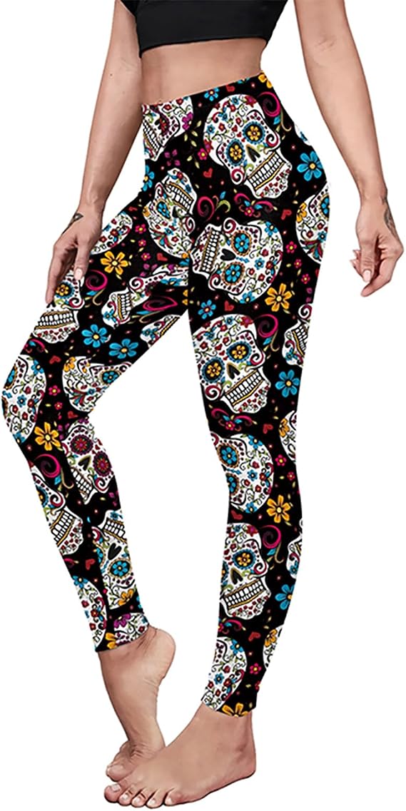 Eciodci Women's Halloween Leggings 3D Skull Pumpkin Horror Print Stretchy Soft High Waisted Workout Sports Yoga Pants - skull tank tops