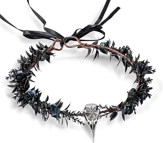 Landical Black Gothic Elf Raven Flower Crown for Women - skull headband