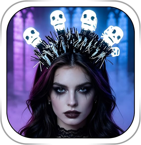 Abien Light Up Pumpkin Headbands LED Halloween Hairband Glowing Skull Headpiece Gothic Costume for Women - skull headband