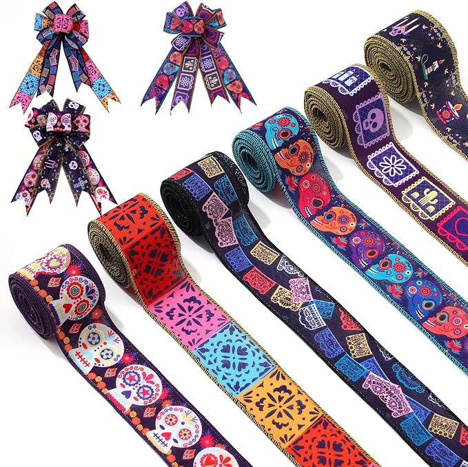 6 Rolls 30 Yards Days of The Dead Ribbons 2'' Mexican Dia De Los Meurtos Ribbon Wired Edge Sugar Skull Papel Picado Skeleton for Wreath Bows DIY Craft Gift Wrapping Halloween Mexican Party Supplies - skull wreath