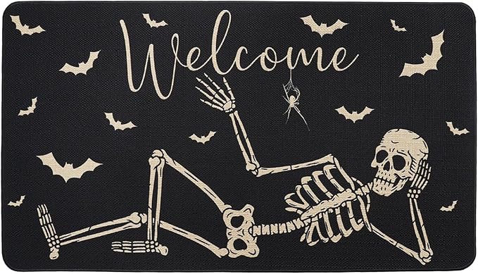 Halloween Door Mat Skull Bat Floor Mat Non-Slip Front Door Rug 17" X 30" - skull door mat