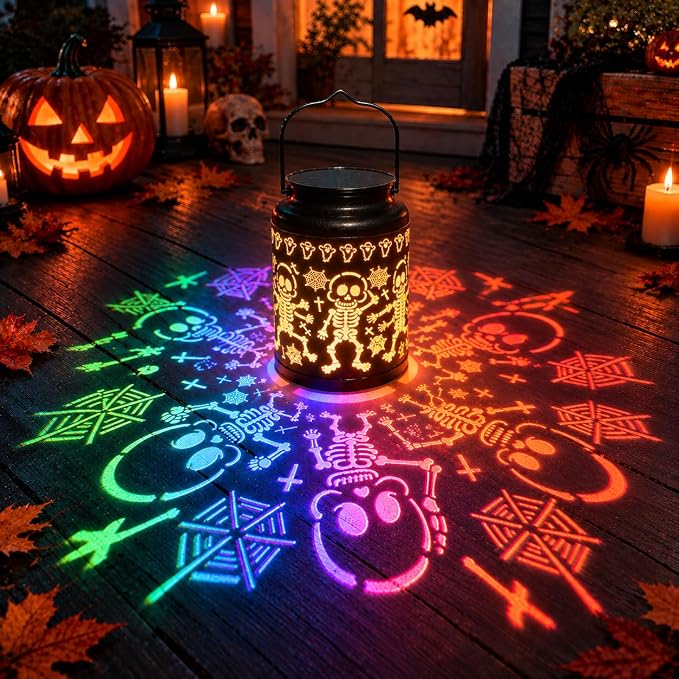 Halloween Skull Outdoor Solar Lantern, Color-Changing Metal Hanging Light