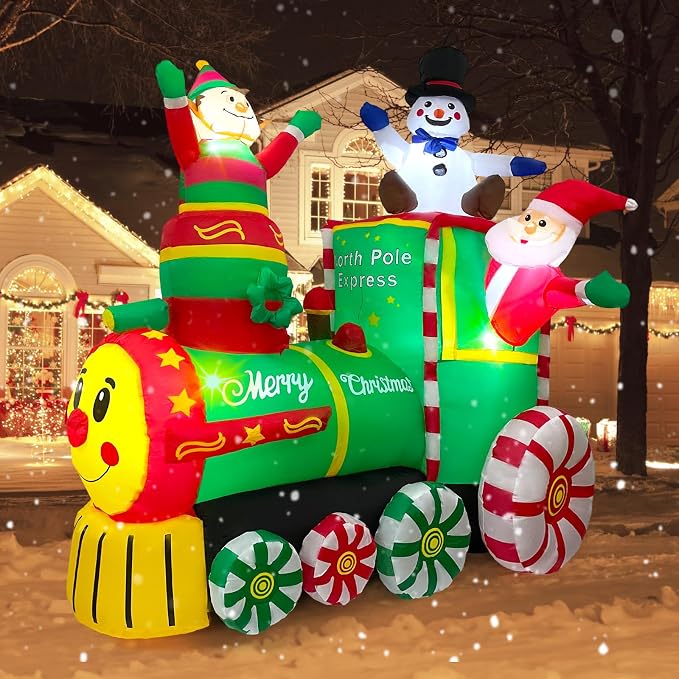 Toiyjofe 6.2FT Christmas Inflatables Train & Santa Claus Outdoor Yard Decortaions Blow-up Christmas Decor with Built-in LED Lights for Garden Lawn Party - skull inflatable