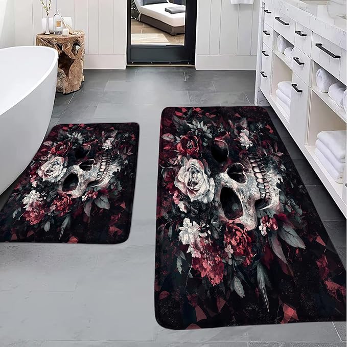 2Pcs Sugar Skull Floral Bath Mat Spooky Halloween Gothic Skeleton Flower Vintage Mystical Bathroom Bathtub Floor Rugs Doormat Toilet Decor - skull toilet rug